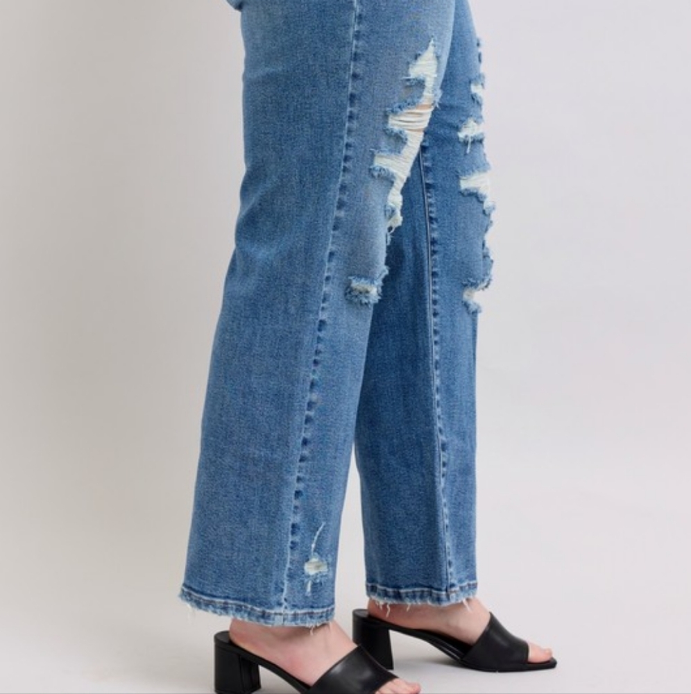 Judy Blue High-Rise Distressed Straight Leg Torn Hole Slim Fit Jeans Denim Pants - Picture 7 of 15
